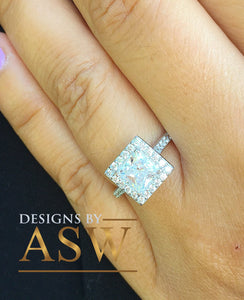 14k white gold princess cut forever one moissanite and diamond engagement ring art deco style halo wedding anniversary round diamonds 2.00ct