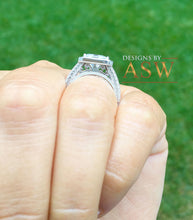 Load image into Gallery viewer, 14k solid and heavy white gold princess cut moissanite and round cut natural diamond engagement ring deco style halo bridal 3.70ctw

