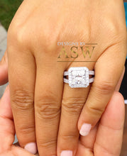 Load image into Gallery viewer, 14k solid and heavy white gold princess cut moissanite and round cut natural diamond engagement ring deco style halo bridal 3.70ctw
