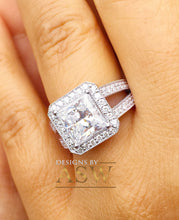 Load image into Gallery viewer, 14k solid and heavy white gold princess cut moissanite and round cut natural diamond engagement ring deco style halo bridal 3.70ctw
