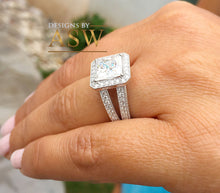 Load image into Gallery viewer, 14k solid and heavy white gold princess cut moissanite and round cut natural diamond engagement ring deco style halo bridal 3.70ctw

