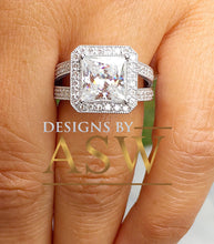 Load image into Gallery viewer, 14k solid and heavy white gold princess cut moissanite and round cut natural diamond engagement ring deco style halo bridal 3.70ctw
