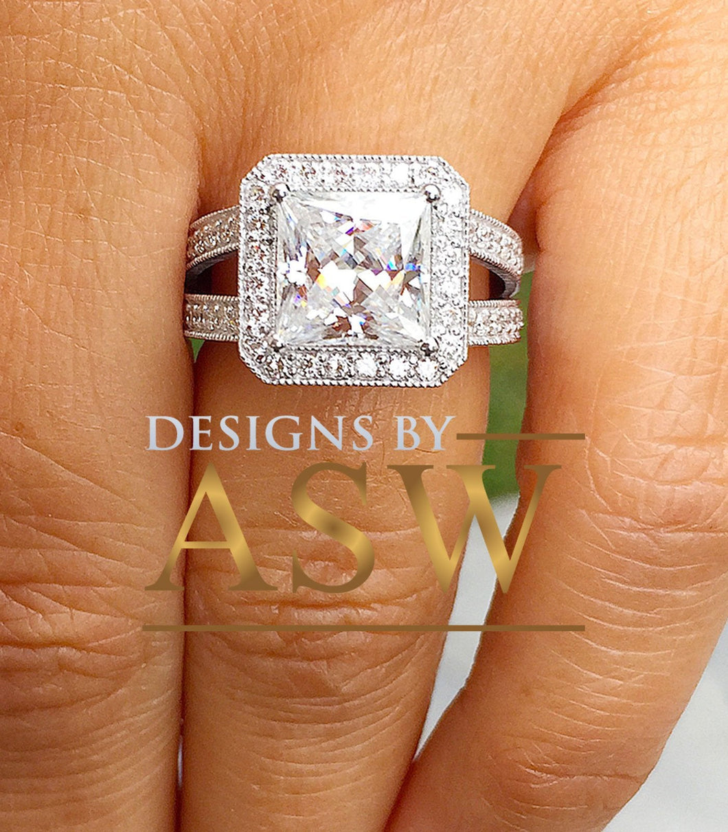 14k solid and heavy white gold princess cut moissanite and round cut natural diamond engagement ring deco style halo bridal 3.70ctw