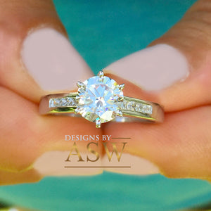 14k White Gold Round Cut Forever One Moissanite and Round Cut Natural Diamond Engagement Ring Bridal Wedding Propose, Half Eternity 1.15ctw