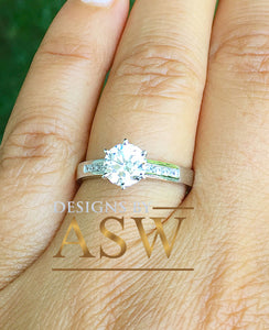 14k White Gold Round Cut Forever One Moissanite and Round Cut Natural Diamond Engagement Ring Bridal Wedding Propose, Half Eternity 1.15ctw