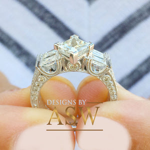 14k Solid White Gold Princess, Round, and Baguettes Cut Forever One Moissanite Engagement Ring And Band Wedding Bridal Set Deco 2.50ct