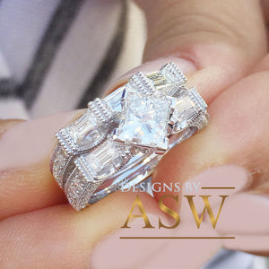 14k Solid White Gold Princess, Round, and Baguettes Cut Forever One Moissanite Engagement Ring And Band Wedding Bridal Set Deco 2.50ct