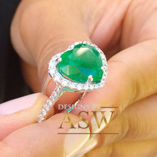 Load image into Gallery viewer, 14k solid white gold green heart shape emerald and round cut simulated diamond engagement ring halo bridal, wedding, promise 4.00ctw

