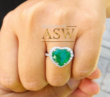 Load image into Gallery viewer, 14k solid white gold green heart shape emerald and round cut simulated diamond engagement ring halo bridal, wedding, promise 4.00ctw
