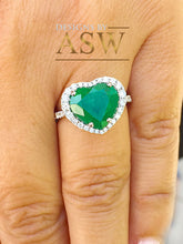 Load image into Gallery viewer, 14k solid white gold green heart shape emerald and round cut simulated diamond engagement ring halo bridal, wedding, promise 4.00ctw
