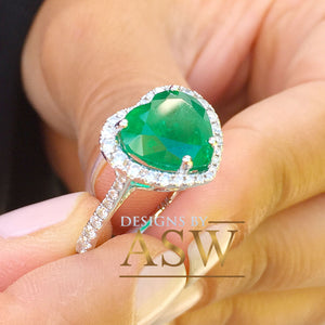 14k solid white gold simulated green heart shape emerald and round cut natural diamonds ring deco, halo, bridal, engagement, wedding 4.00ctw