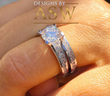 Load image into Gallery viewer, 14k solid white gold round cut simulated diamond engagement ring and band, wedding, anniversary, prong set, large, bridal set 3.50ctw
