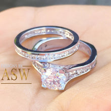 Load image into Gallery viewer, 14k solid white gold round cut simulated diamond engagement ring and band, wedding, anniversary, prong set, large, bridal set 3.50ctw
