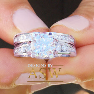 Large 14k solid white gold round cut forever one moissanite engagement ring and band bridal wedding set, channel set 3.50ctw