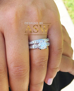 Large 14k solid white gold round cut moissanite engagement ring and band bridal wedding set, channel set 3.50ctw