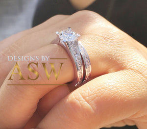 Large 14k solid white gold round cut forever one moissanite engagement ring and band bridal wedding set, channel set 3.50ctw