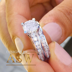 Large 14k solid white gold round cut forever one moissanite engagement ring and band bridal wedding set, channel set 3.50ctw