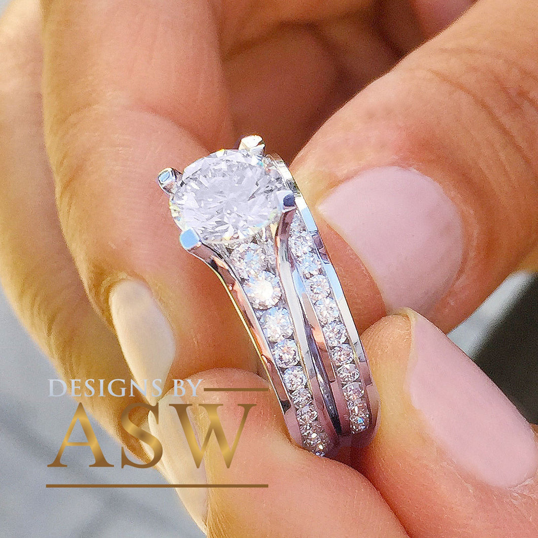 Large 14k solid white gold round cut forever one moissanite engagement ring and band bridal wedding set, channel set 3.50ctw
