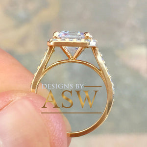 14k Rose Gold Asscher Cut Forever One Moissanite and Round Cut Diamond Engagement Ring Halo Deco Bridal, Wedding 2.70ct