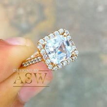 Load image into Gallery viewer, 14k Rose Gold Asscher Cut Forever One Moissanite and Round Cut Diamond Engagement Ring Halo Deco Bridal, Wedding 2.70ct

