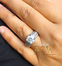 Load image into Gallery viewer, Heavy 14k Solid White Gold Round Cut Moissanite and Round Cut Natural Diamond Engagement Ring Antique Deco Bridal Halo Wedding 2.70ctw
