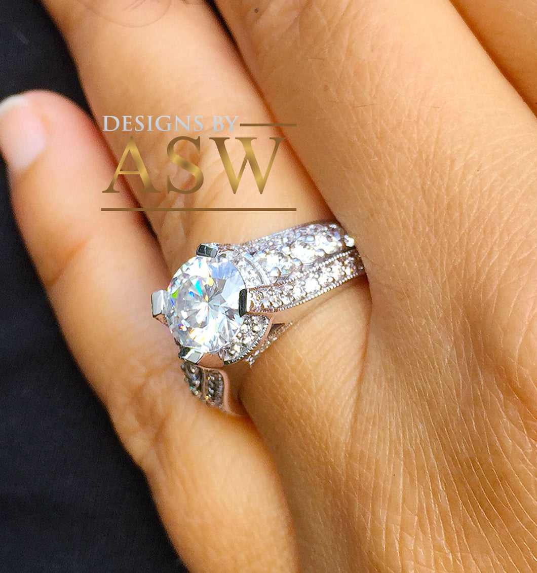 Heavy 14k Solid White Gold Round Cut Forever One Moissanite and Natural Diamond Engagement Ring Antique Deco Bridal Halo 2.70ctw