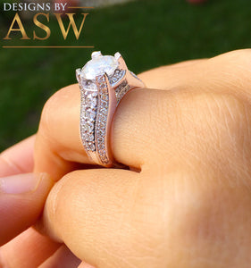 Heavy 14k Solid White Gold Round Cut Forever One Moissanite and Natural Diamond Engagement Ring Antique Deco Bridal Halo 2.70ctw