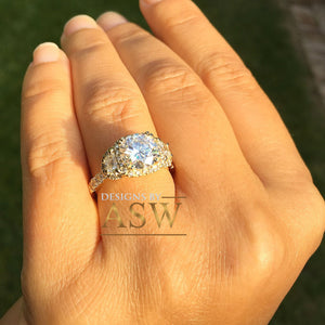 14k Yellow Gold Round Forever one Moissanite and Diamond Engagement Ring Antique Deco Bridal Wedding Anniversry Half Moon Cut Halo 2.50ctw