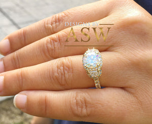 14k Yellow Gold Round Forever one Moissanite and Diamond Engagement Ring Antique Deco Bridal Wedding Anniversry Half Moon Cut Halo 2.50ctw