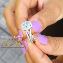 Load image into Gallery viewer, 14k Solid White Gold Cushion Cut Simulated Diamond Engagement Ring And Band Bridal Set Wedding Set Halo Twisted Shank 2.50ct
