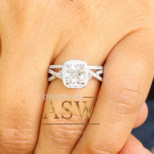 Load image into Gallery viewer, 14k Solid White Gold Cushion Cut Simulated Diamond Engagement Ring And Band Bridal Set Wedding Set Halo Twisted Shank 2.50ct
