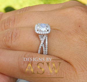 14k White Gold Cushion Cut Forever One Moissanite and Diamond Engagement Ring And Band Halo Bridal Set Natural Diamonds 2.70ct