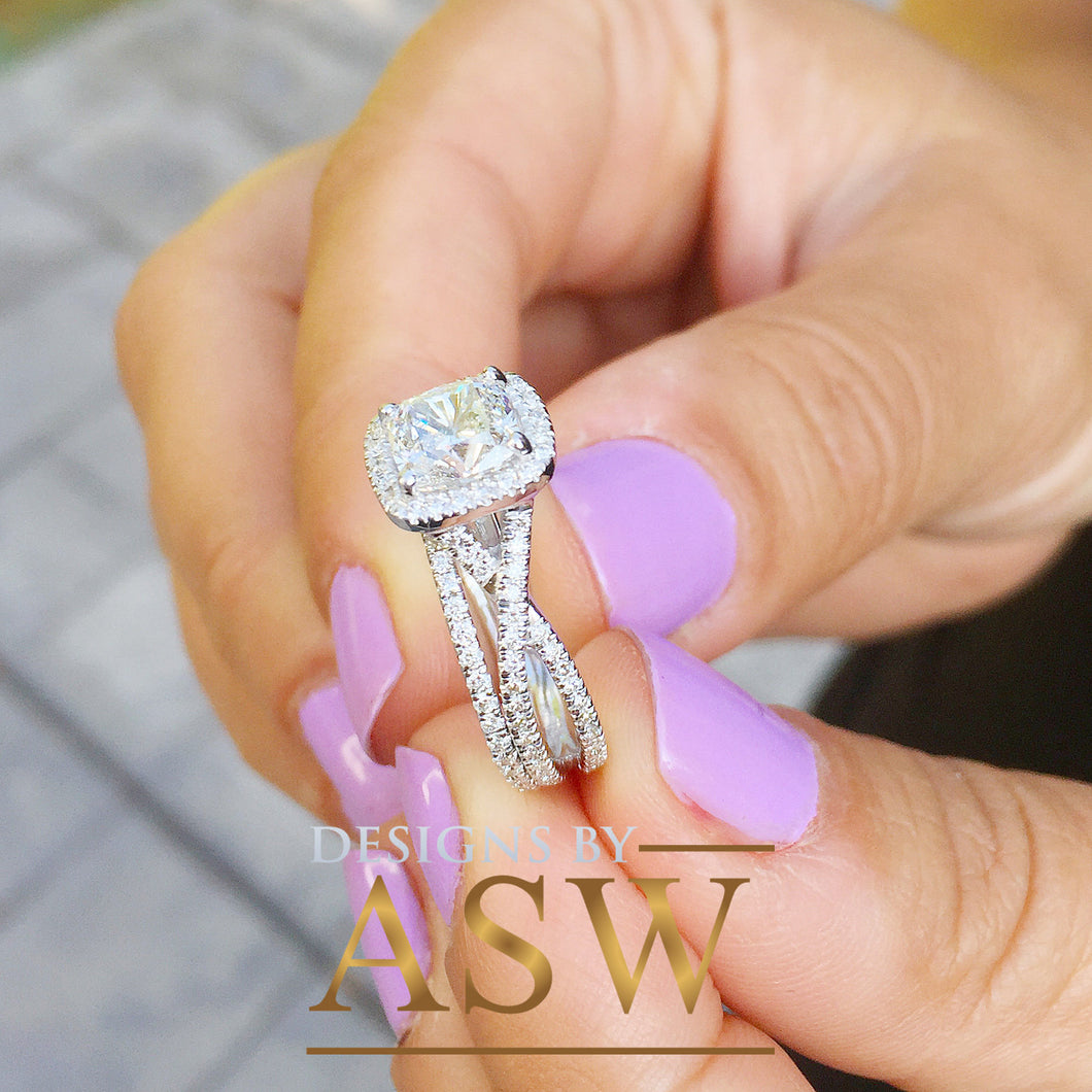 14k White Gold Cushion Cut Forever One Moissanite and Diamond Engagement Ring And Band Halo Bridal Set Natural Diamonds 2.70ct
