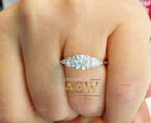 Load image into Gallery viewer, 14k Solid White Gold Round and Pear Cut Forever One Moissanite Engagement Ring, Bridal, Wedding Deco Three Stone Style  1.50ctw

