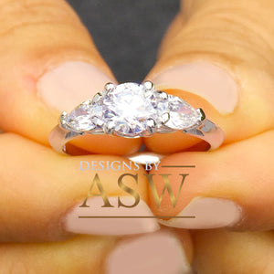 14k white gold round and pear cut diamond engagement ring deco three stone wedding anniversary bridal natural diamonds Bridal 1.20ctw