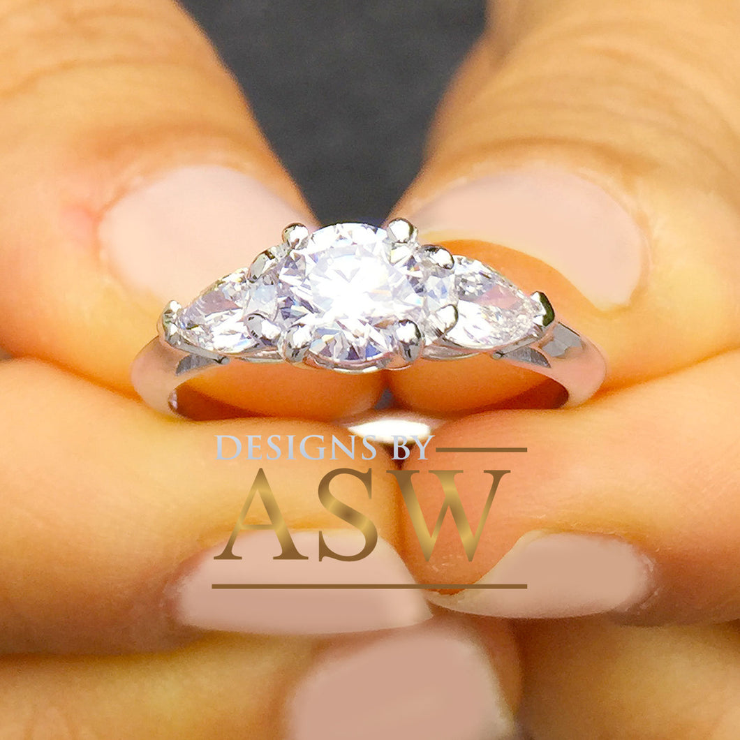 14k white gold round and pear cut diamond engagement ring deco three stone wedding anniversary bridal natural diamonds Bridal 1.20ctw