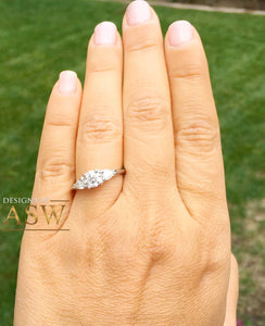14k white gold round and pear cut diamond engagement ring deco three stone wedding anniversary bridal natural diamonds Bridal 1.20ctw