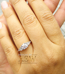 14k white gold round and pear cut diamond engagement ring deco three stone wedding anniversary bridal natural diamonds Bridal 1.20ctw