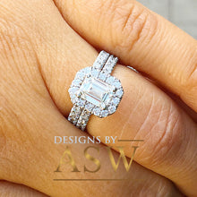 Load image into Gallery viewer, 14k solid white gold emerald and round cut simulated diamond engagement ring and band halo bridal wedding set 2.00ct
