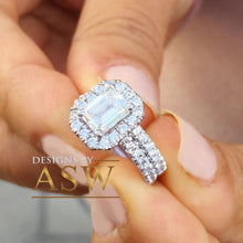 Load image into Gallery viewer, 14k solid white gold emerald and round cut simulated diamond engagement ring and band halo bridal wedding set 2.00ct
