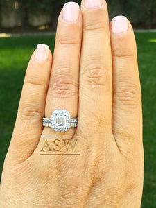 14k solid white gold emerald cut forever one moissanite and round cut natural diamond engagement ring and band halo bridal wedding 2.00ct