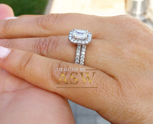 14k solid white gold emerald cut forever one moissanite and round cut natural diamond engagement ring and band halo bridal wedding 2.00ct