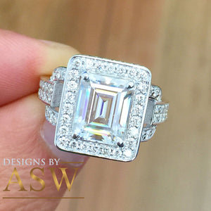 Large Five Carat 14k solid white gold emerald and round cut simulated diamond engagement ring halo bridal wedding prong set propose promise