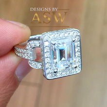 Load image into Gallery viewer, Large Five Carat 14k solid white gold emerald and round cut simulated diamond engagement ring halo bridal wedding prong set propose promise

