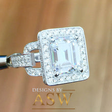 Load image into Gallery viewer, Large Five Carat 14k solid white gold emerald and round cut simulated diamond engagement ring halo bridal wedding prong set propose promise
