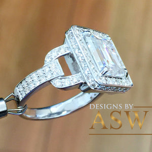 Large Five Carat 14k solid white gold emerald and round cut simulated diamond engagement ring halo bridal wedding prong set propose promise