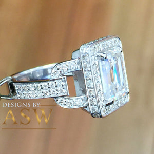 Large Five Carat 14k solid white gold emerald and round cut simulated diamond engagement ring halo bridal wedding prong set propose promise