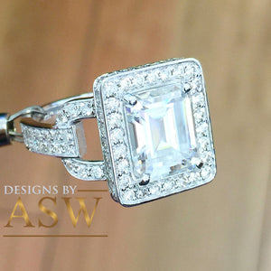 Large Five Carat 14k solid white gold emerald and round cut simulated diamond engagement ring halo bridal wedding prong set propose promise