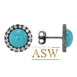 Sterling Silver 925 Black Rhodium Plated Pave Round Turquoise Simulated Diamonds Earrings wedding, anniversary, bridal, halo, Studs  4.00ctw