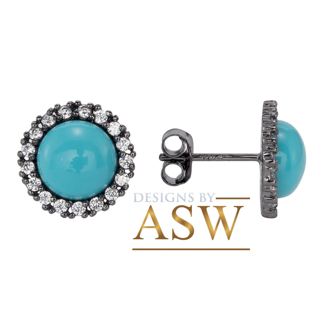Sterling Silver 925 Black Rhodium Plated Pave Round Turquoise Simulated Diamonds Earrings wedding, anniversary, bridal, halo, Studs  4.00ctw
